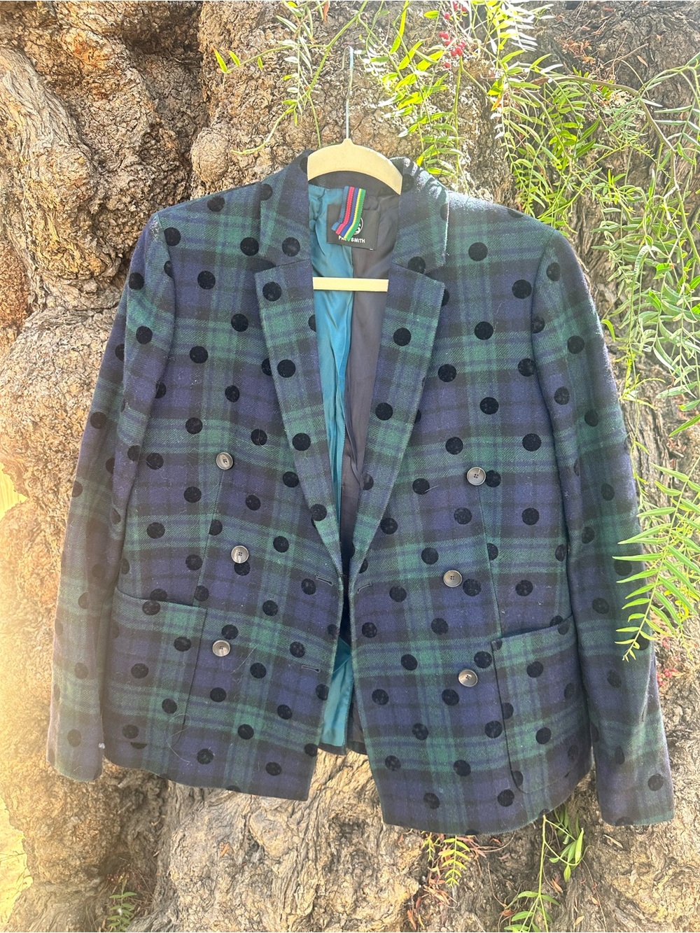 Plaid Double-Breasted Blazer with Polka Dot Velvet Accents - Blue Green